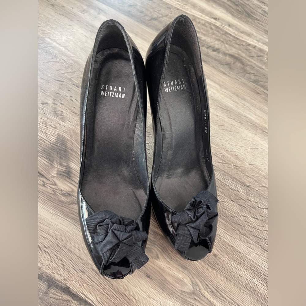 Stuart Weitzman peep toe patent black platform heel